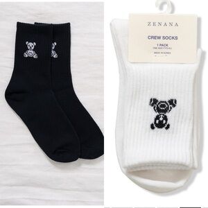 Zenana 2-Pack Cotton Bear Embroidered Breathable Socks Black/White